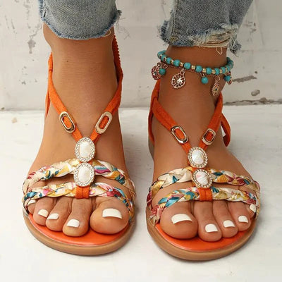 Sandalias de mujer | Estilo boho de verano | Suela suave y tacón de cuña bajo | Diseño floral