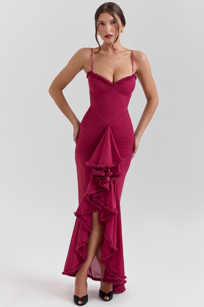 Vestido largo para mujer | Tirantes finos y detalle fruncido | Capas transparentes | Bodas y fiestas
