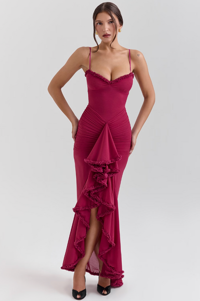 Vestido largo para mujer | Tirantes finos y detalle fruncido | Capas transparentes | Bodas y fiestas