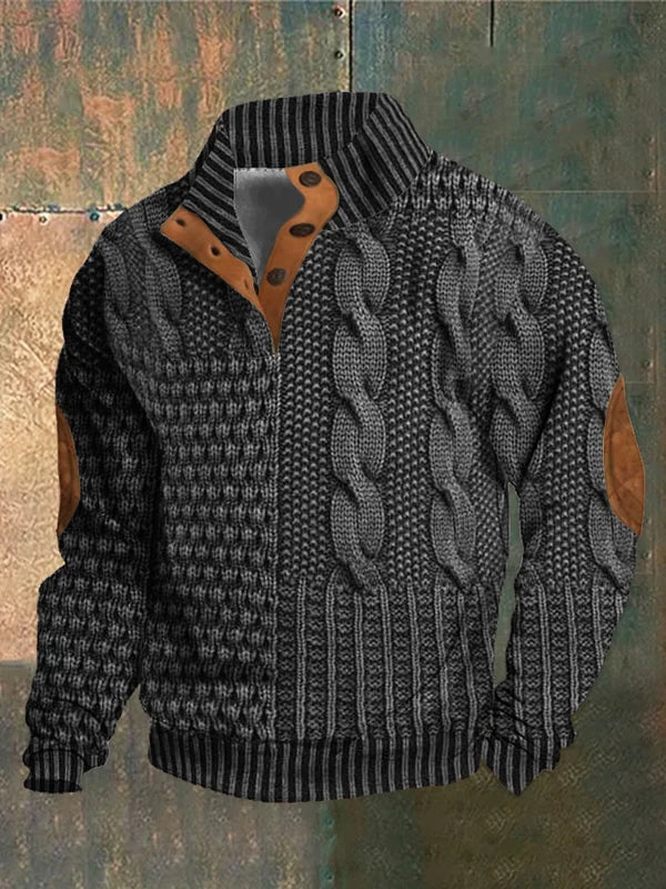 Veste en tricot gris avec motifs torsadés, col montant, boutons marron et coudières en cuir. Style automne-hiver, mode homme élégante.
