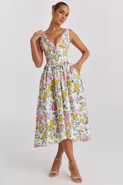 Vestido midi para mujer | Boho floral con escote en V | Sin mangas, corte A | Verano y boda