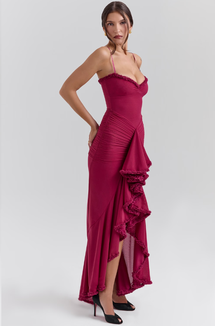 Vestido largo para mujer | Tirantes finos y detalle fruncido | Capas transparentes | Bodas y fiestas