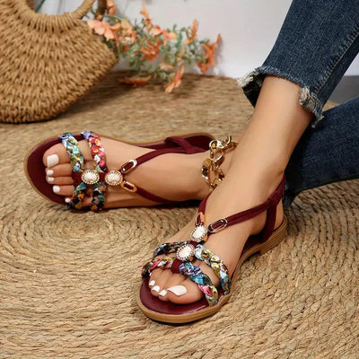 Sandalias de mujer | Estilo boho de verano | Suela suave y tacón de cuña bajo | Diseño floral