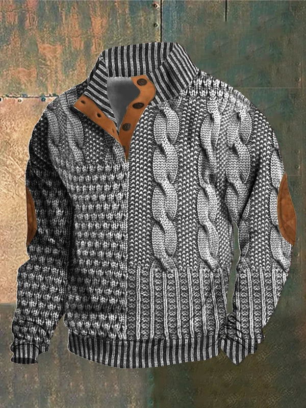 Veste en tricot gris avec motifs torsadés, col montant et coudières marron, sur fond texturé. Mode automne-hiver, style décontracté.