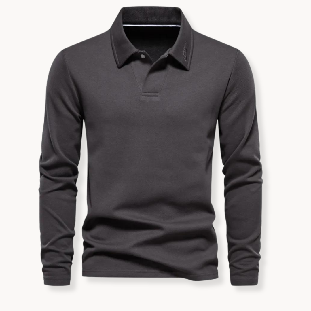 Polo gris foncé à manches longues pour homme, col classique, style décontracté et élégant, idéal pour la mode automne-hiver.