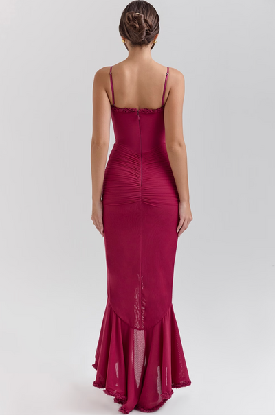 Vestido largo para mujer | Tirantes finos y detalle fruncido | Capas transparentes | Bodas y fiestas