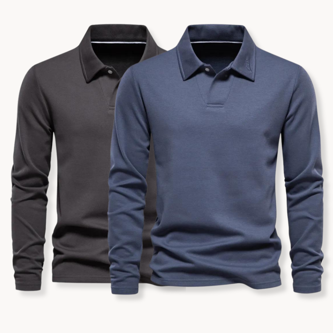 Deux polos à manches longues pour hommes, l'un noir et l'autre bleu, en coton, col classique, style décontracté, mode masculine élégante.