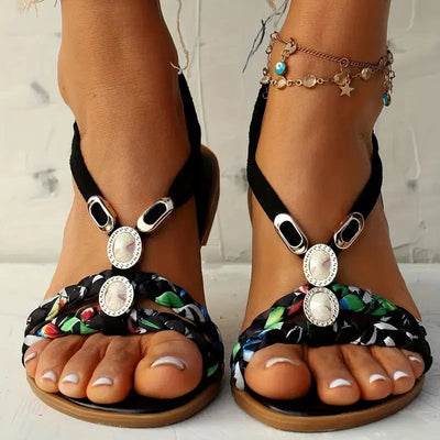 Sandalias de mujer | Estilo boho de verano | Suela suave y tacón de cuña bajo | Diseño floral