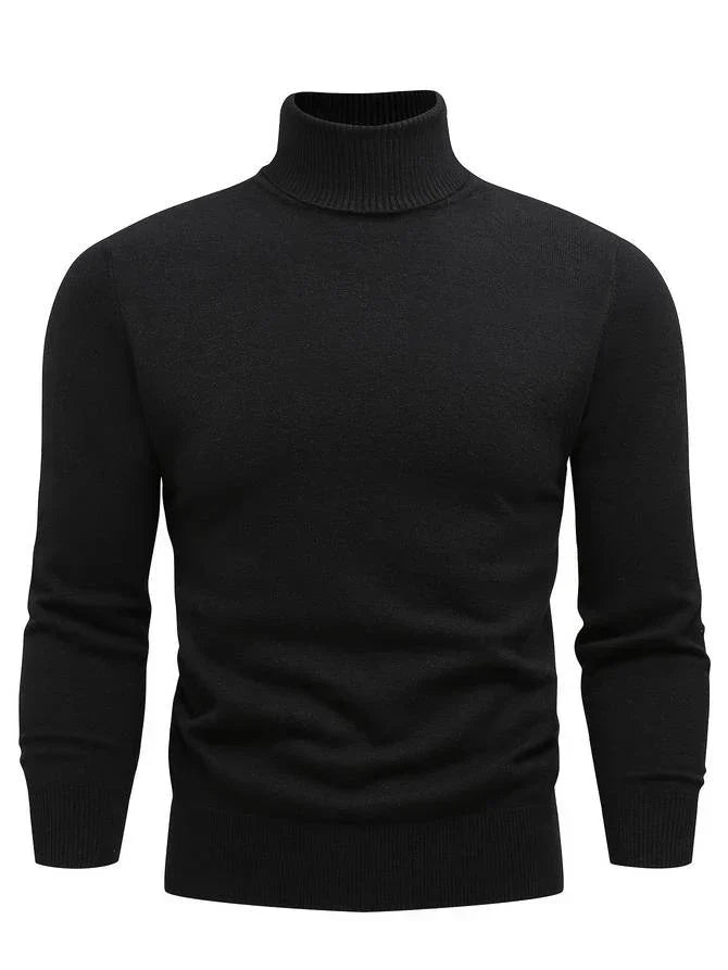 Pull col roulé noir en laine, manches longues, style élégant et moderne, idéal pour l'hiver. Mode homme, vêtement chaud et confortable.