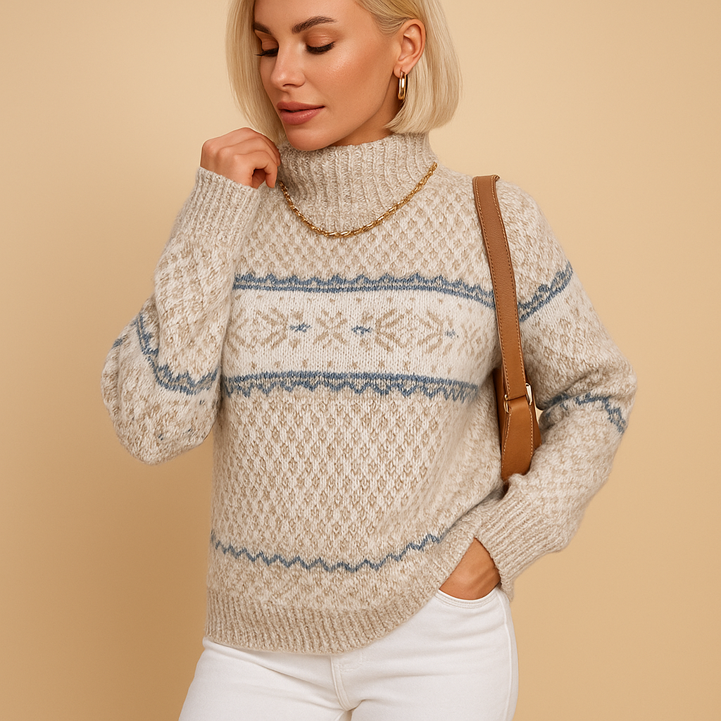 Femme blonde portant un pull en laine beige à motifs bleus, col roulé, avec un sac à bandoulière marron, posant sur fond beige.