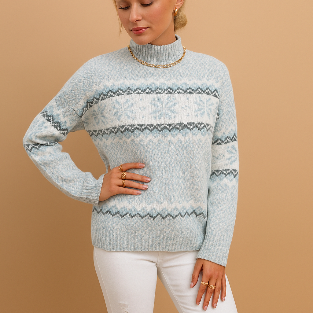 Femme portant un pull en laine bleu clair à motifs nordiques, col roulé, posant contre un fond beige. Mode hiver, style scandinave, élégance.