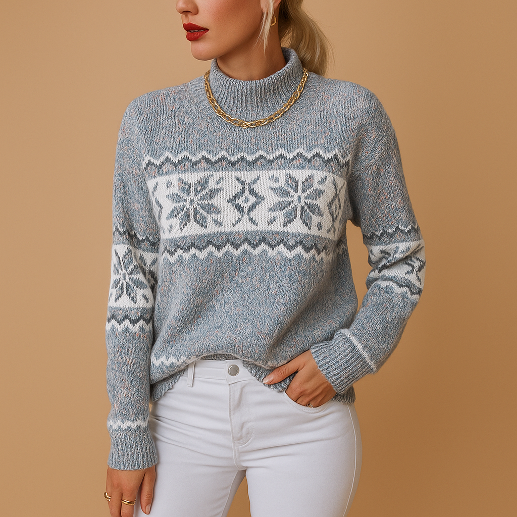 Femme portant un pull bleu à motifs nordiques et col roulé, chaîne dorée, fond beige. Mode hiver, style élégant, tenue décontractée.