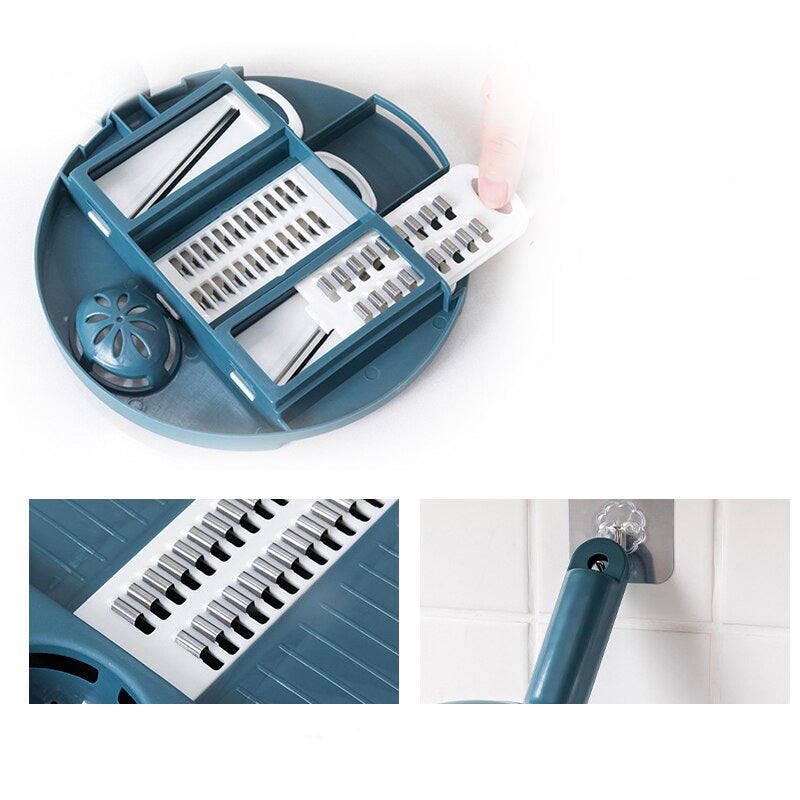 Râpe à légumes multifonctionnelle bleue avec lames interchangeables, design circulaire, rangement intégré, fixation murale pratique.