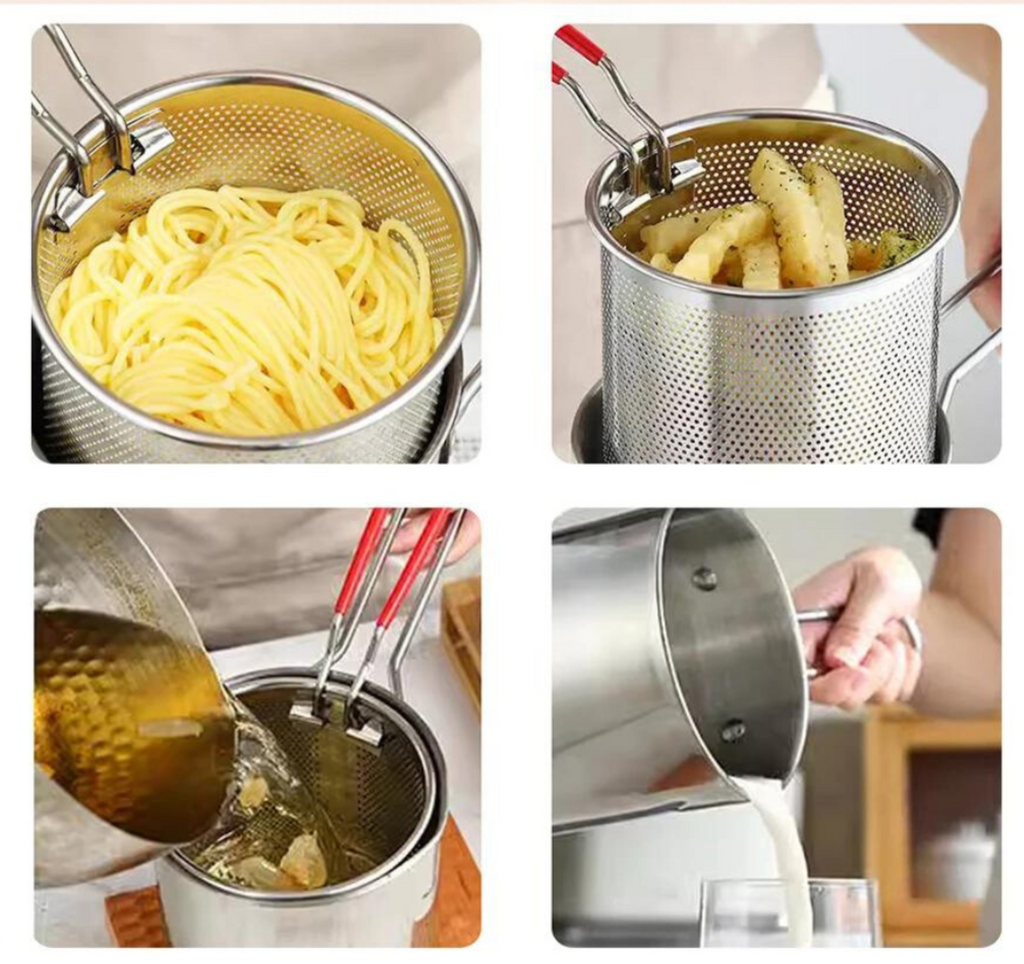 Quatre images montrant un panier de cuisson en acier inoxydable avec des pâtes, des frites, de l'huile filtrée et du lait versé. Accessoire cuisine polyvalent.