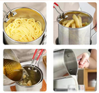 Quatre images montrant un panier de cuisson en acier inoxydable avec des pâtes, des frites, de l'huile filtrée et du lait versé. Accessoire cuisine polyvalent.