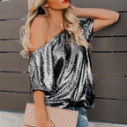 Sølvglitrende top til kvinder, korte ærmer