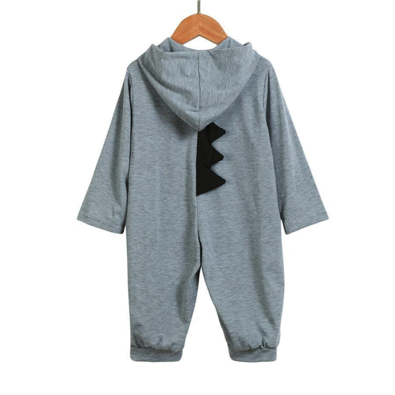 Combinaison bébé grise à capuche avec motif dinosaure noir, vêtement enfant confortable et tendance, idéal pour l'hiver.