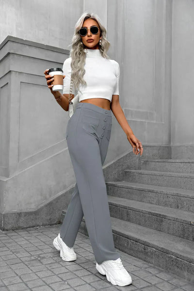 Pantalon femme taille haute, boutonné et extensible