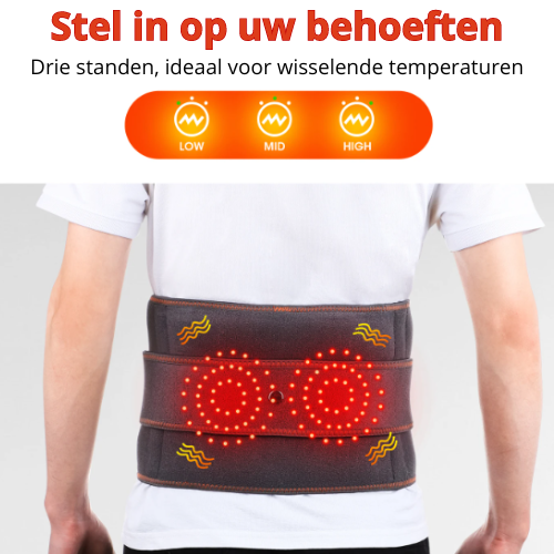 Ceinture chauffante lombaire avec trois niveaux de chaleur (bas, moyen, élevé), idéale pour soulager les douleurs dorsales et s'adapter aux températures.