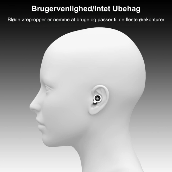Profil d'une tête avec écouteur sans fil noir et blanc inséré dans l'oreille, sur fond dégradé gris. Confort et ergonomie des écouteurs.