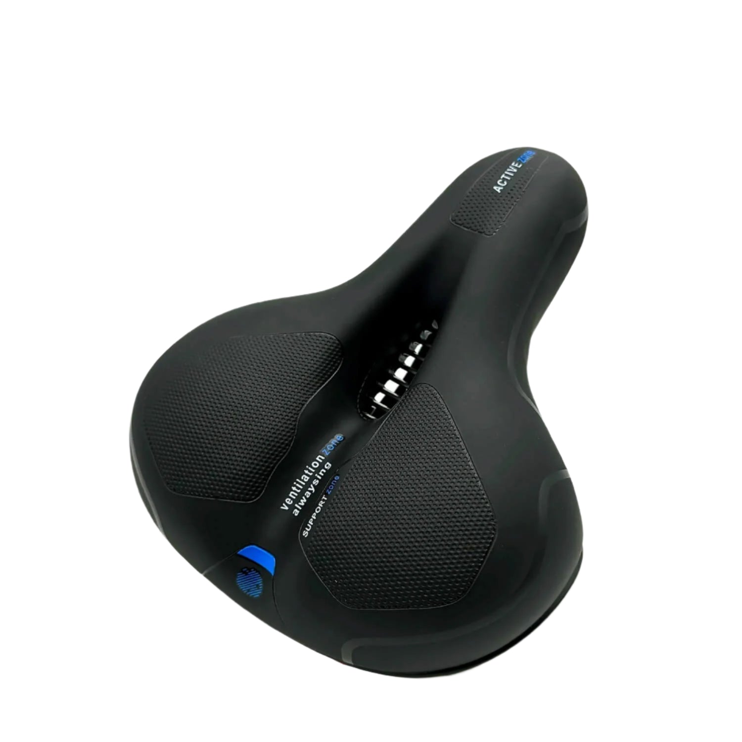 Selle de vélo ergonomique noire avec coussinets en gel, design large et rainures de ventilation, idéale pour confort et performance cycliste.