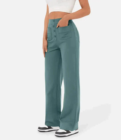 Pantalon femme taille haute, boutonné et extensible