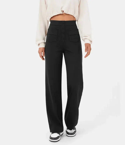 Pantalon femme taille haute, boutonné et extensible