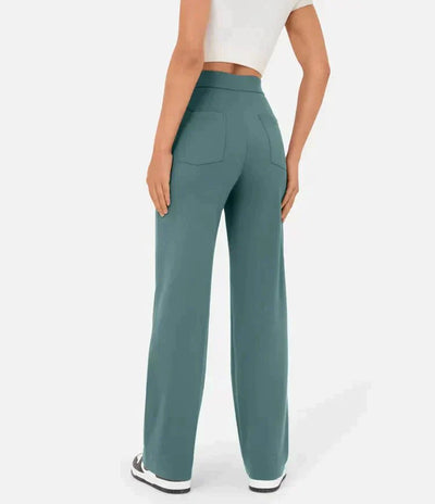 Pantalon femme taille haute, boutonné et extensible
