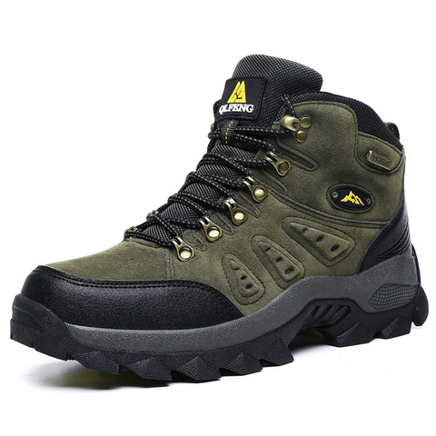 Chaussure de randonnée imperméable pour homme, couleur vert olive et noir, semelle antidérapante, idéale pour trekking et activités extérieures.