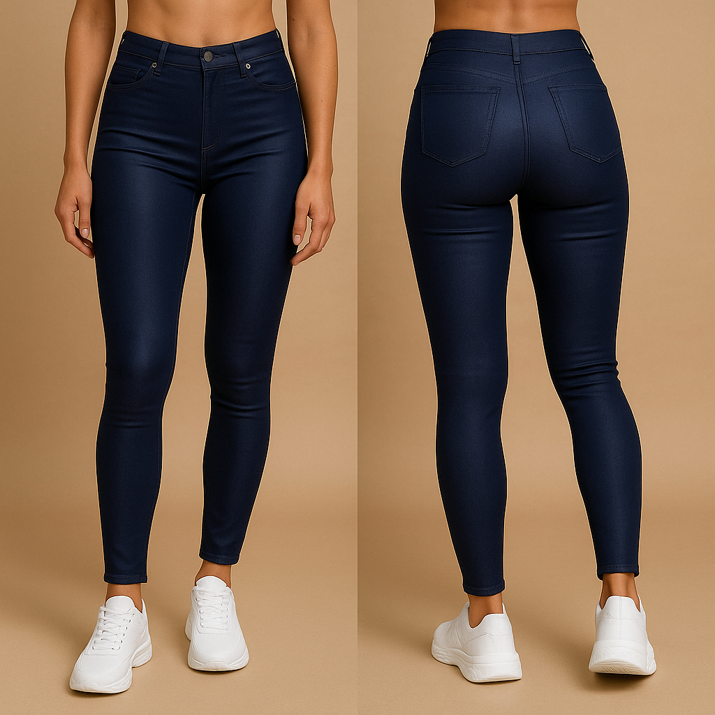 Jeans skinny bleu foncé pour femme, taille haute, avec poches arrière, portés avec des baskets blanches, sur fond beige.