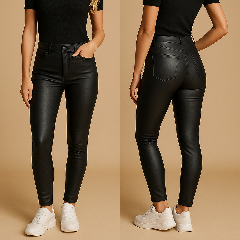 Pantalon en similicuir noir pour femme, taille haute, coupe ajustée, avec poches arrière, porté avec un t-shirt noir et des baskets blanches.