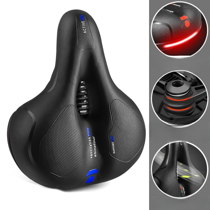 Selle de vélo ergonomique noire avec coussinets en gel, ventilation, amortisseur et lumière LED rouge. Confort et sécurité pour cyclisme.
