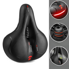 Selle de vélo ergonomique noire avec coussinets en gel, zones de ventilation, et bandes réfléchissantes rouges. Confort et sécurité pour cyclisme.
