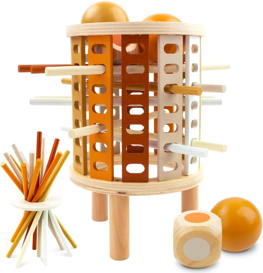 Jeu d'équilibre en bois pour enfants, avec bâtons colorés et boules, favorisant la motricité et la coordination. Jouet éducatif Montessori.