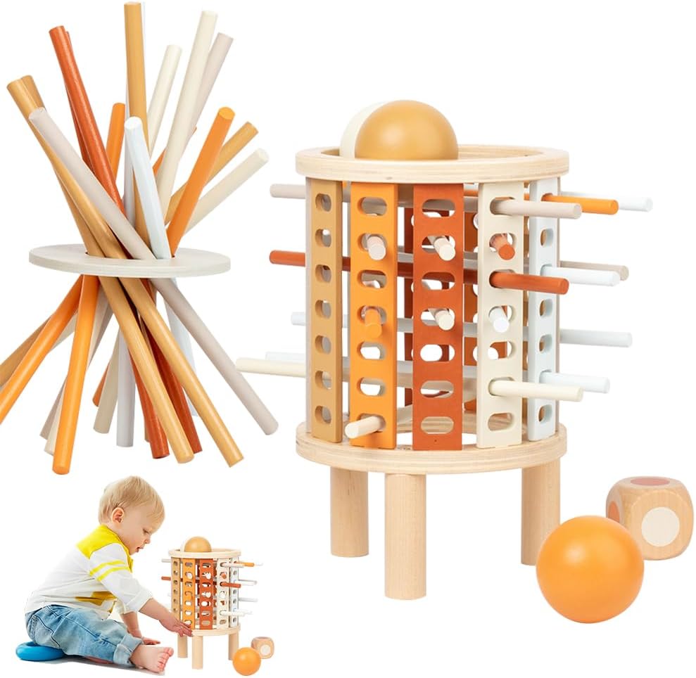 Jouet éducatif en bois pour enfants, tour cylindrique avec bâtons colorés et balles, favorisant la motricité et la coordination.