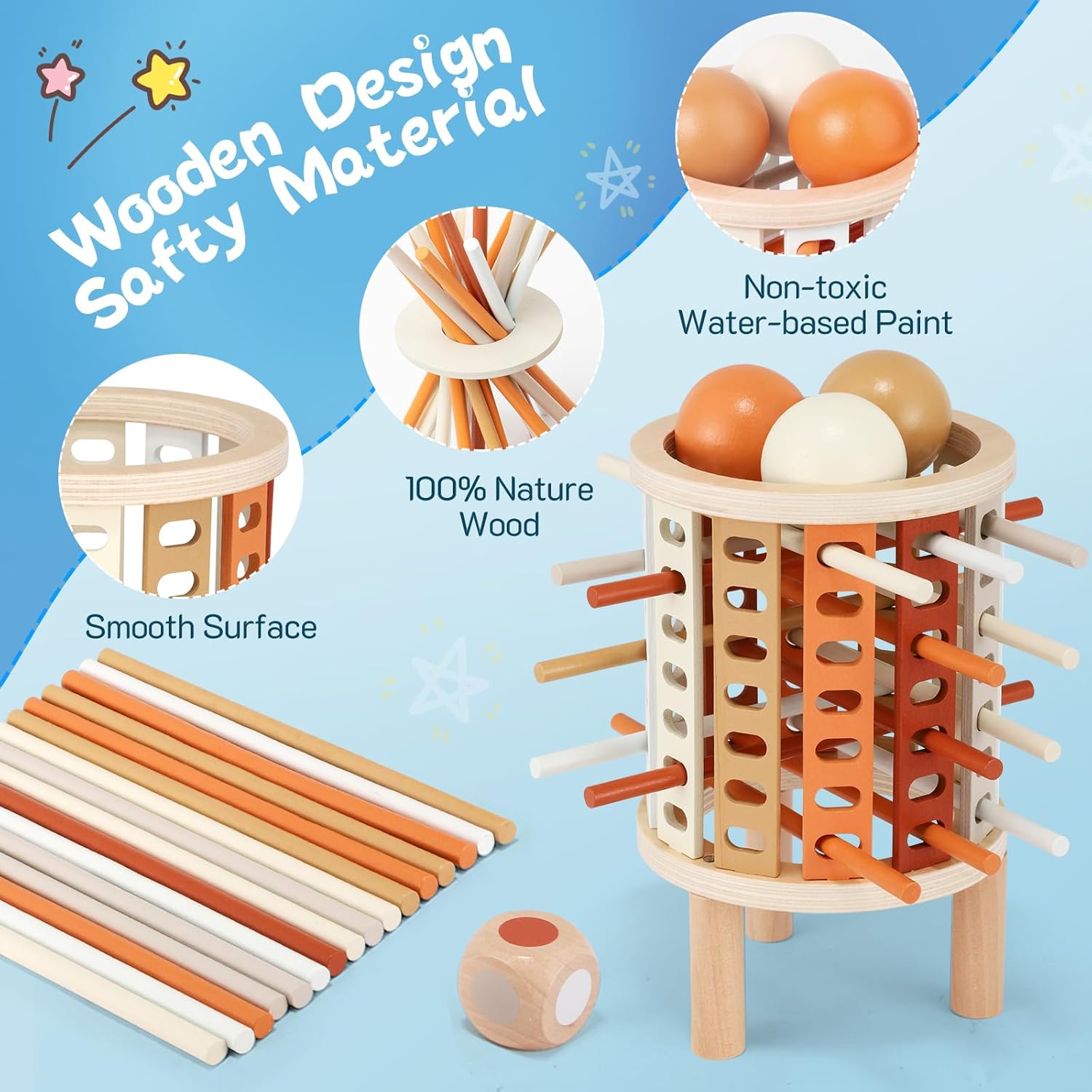 Jeu éducatif en bois pour enfants, tour à boules avec peinture à base d'eau non toxique, surface lisse, bâtons colorés, matériau naturel.