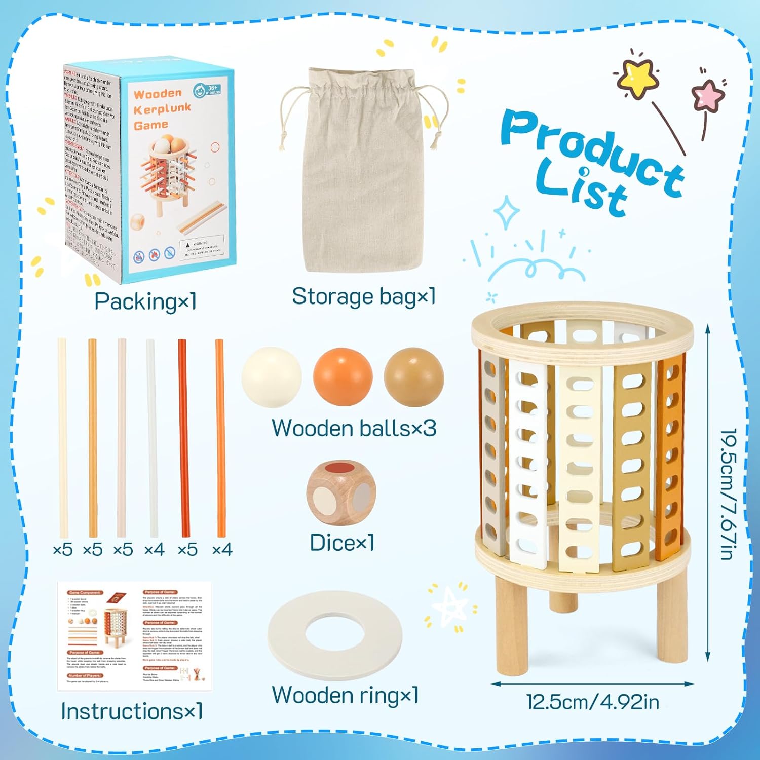 Jeu Kerplunk en bois avec bâtons, boules, dé, anneau et sac de rangement. Dimensions: 19,5cm. Inclut instructions et boîte d'emballage.