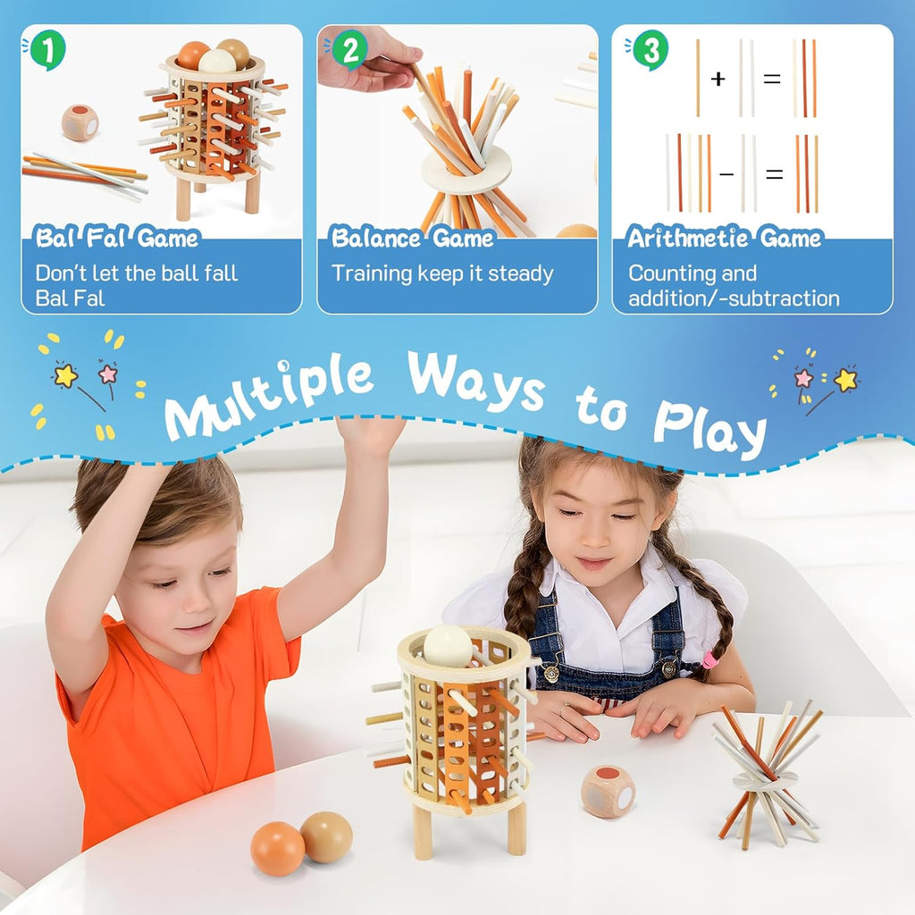 Jeu éducatif en bois pour enfants, comprenant des balles et des bâtons colorés. Stimule l'équilibre, le calcul et la coordination.