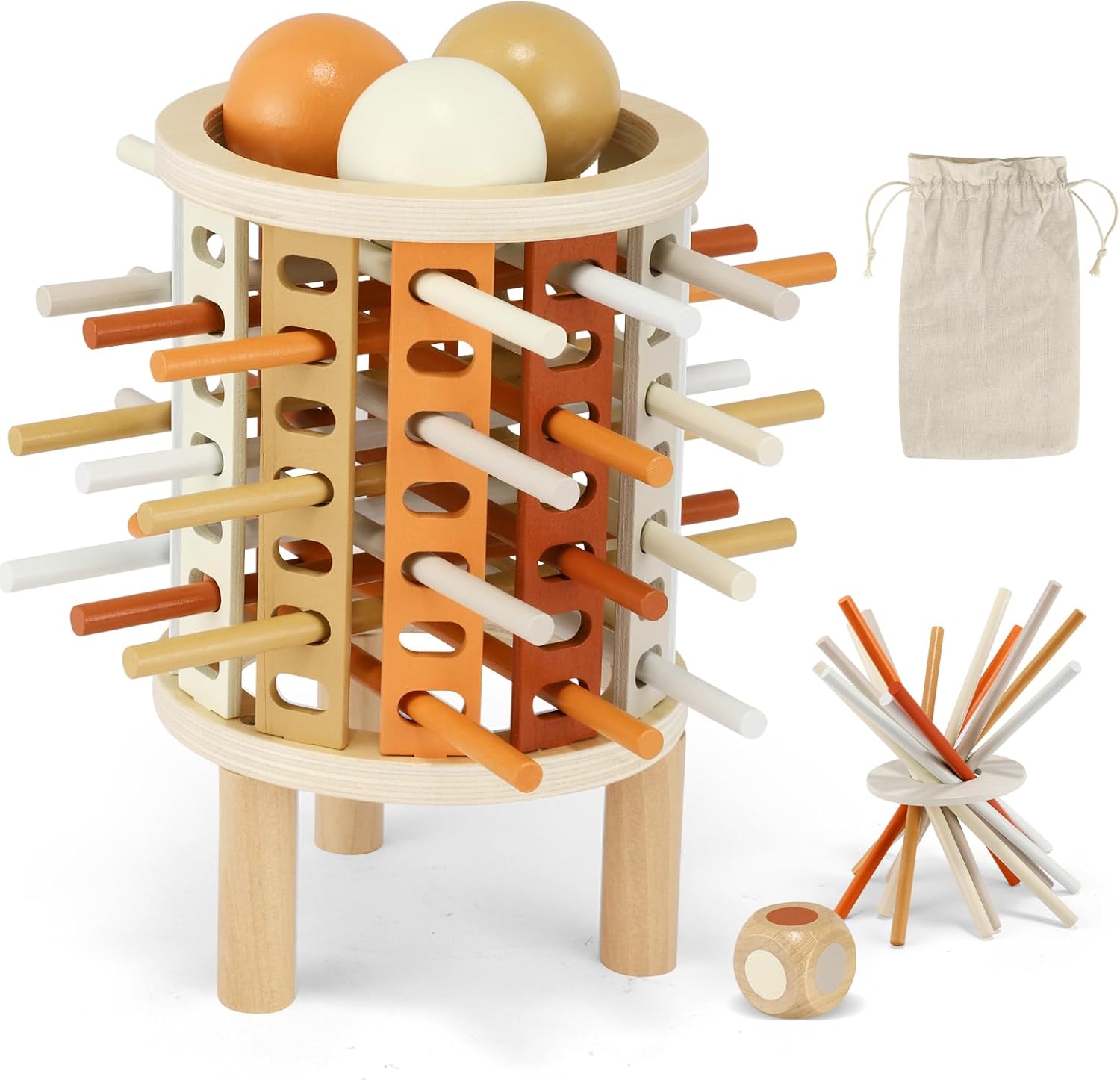 Jeu d'adresse en bois avec bâtons multicolores et boules, sac de rangement inclus. Jouet éducatif pour enfants, développement de la motricité fine.