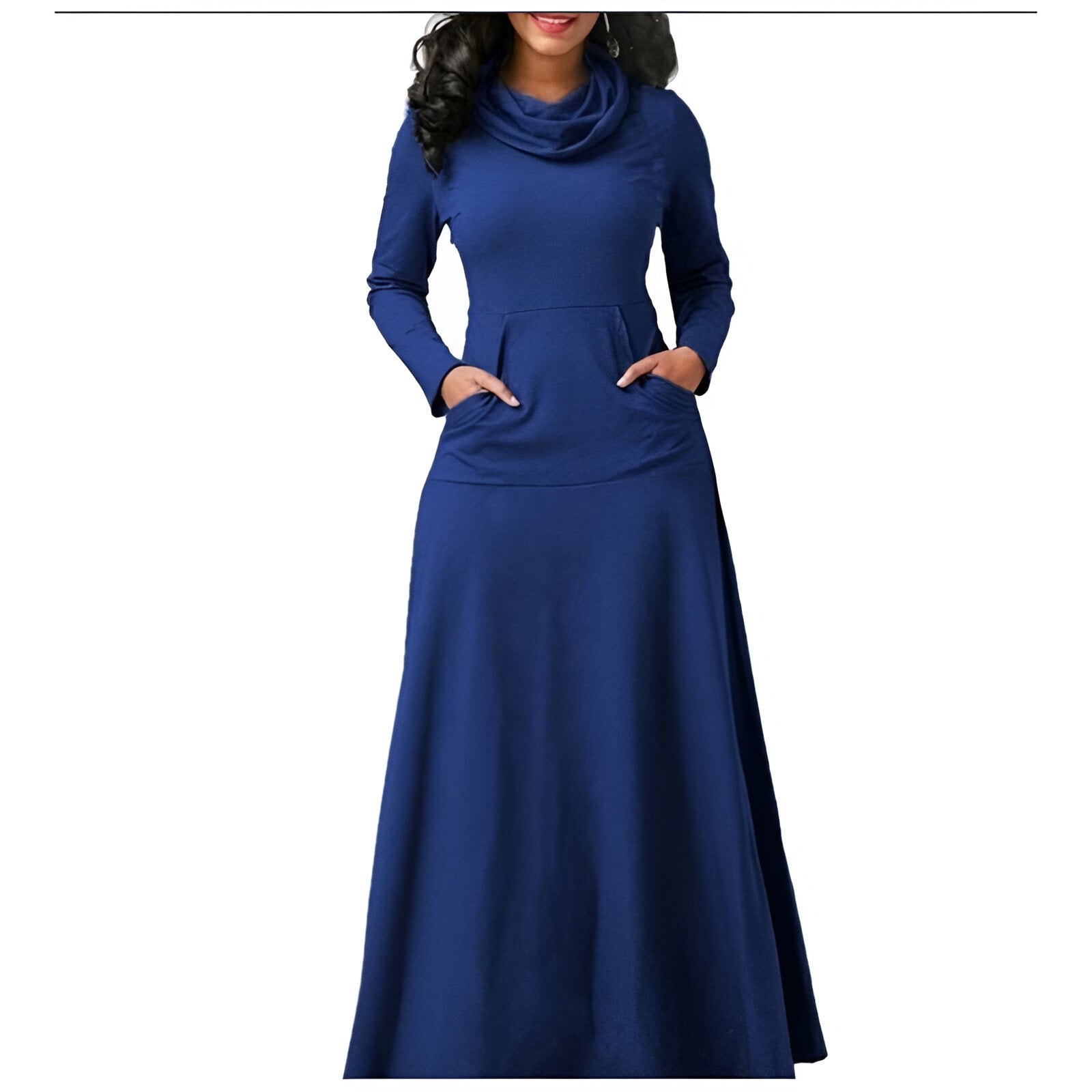 Robe longue bleue à manches longues avec col roulé et poches, élégante et moderne, idéale pour l'automne et l'hiver. Mode féminine chic.