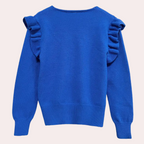 Pull bleu pour femme avec volants sur les épaules, manches longues, col rond. Mode féminine élégante, tendance automne-hiver.