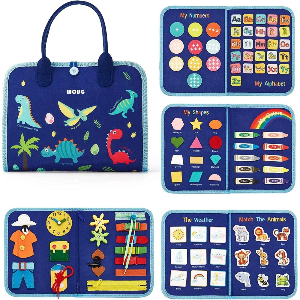 Sac éducatif pour enfants avec dinosaures, chiffres, alphabet, formes, météo et animaux. Jouet d'apprentissage interactif et coloré.