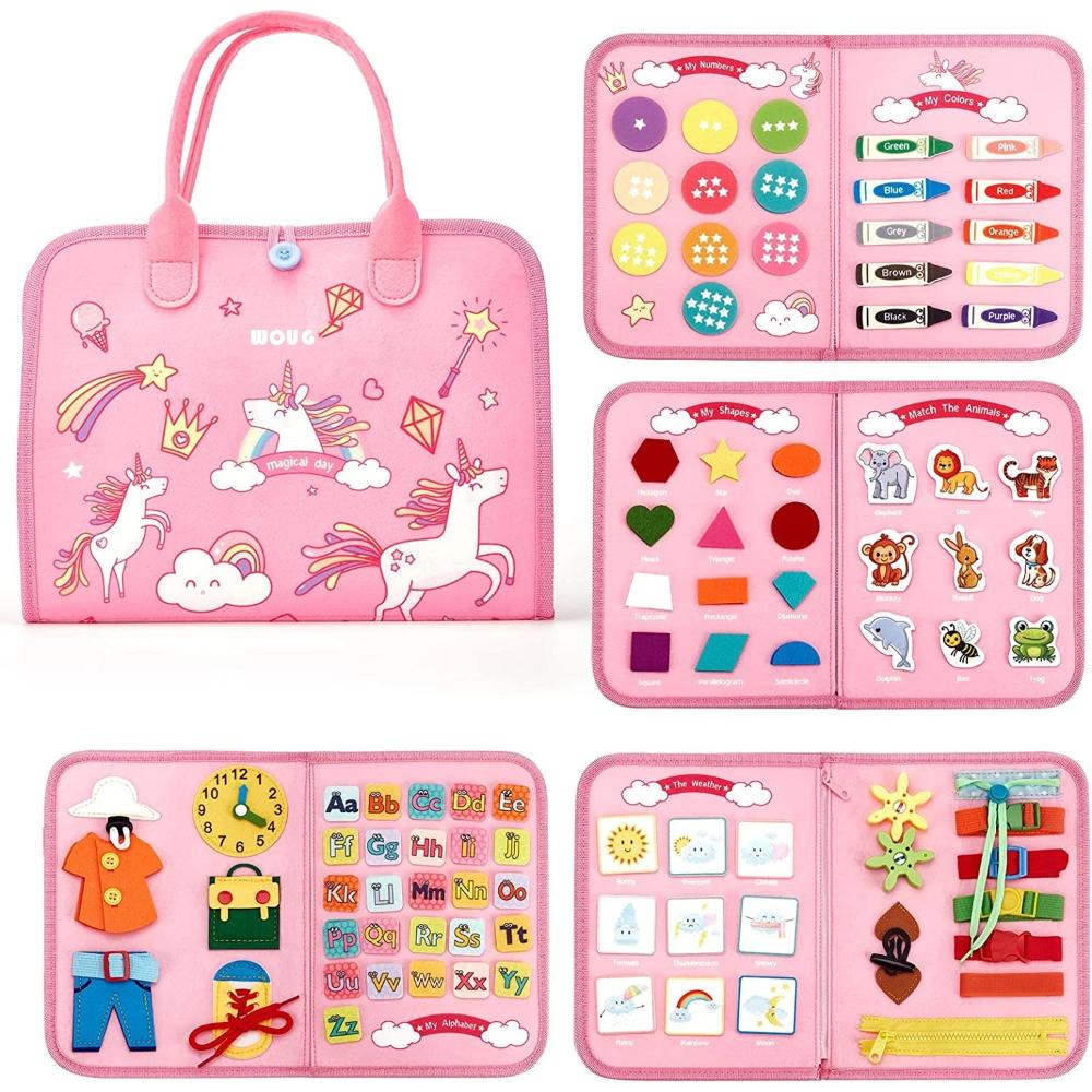 Sac d'activités éducatif rose pour enfants avec licornes, crayons, formes géométriques, animaux et horloge. Jouet d'apprentissage interactif.