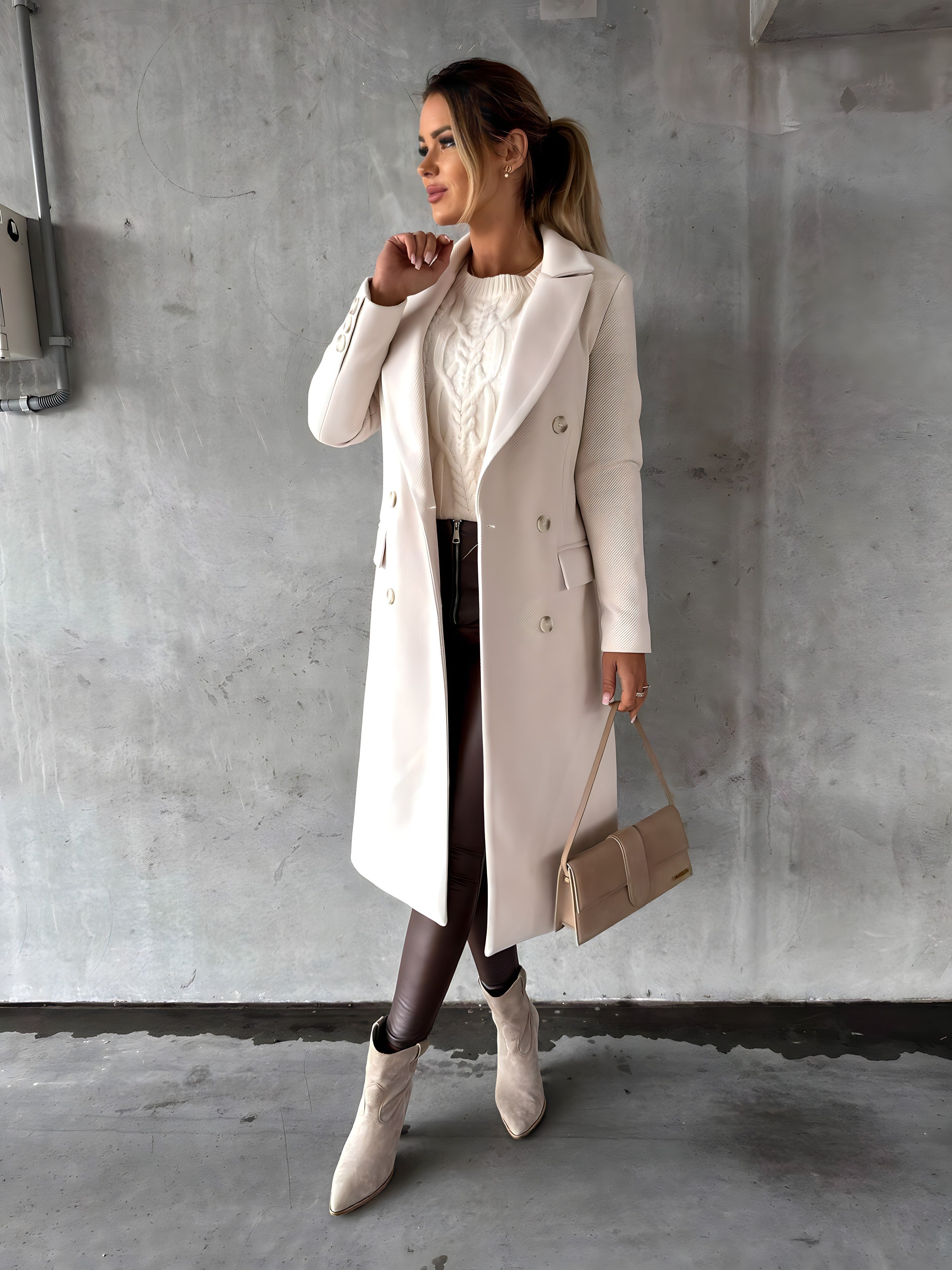 Femme élégante en manteau blanc, pull en maille, pantalon marron et bottines beiges, tenant un sac à main beige, posant contre un mur gris industriel.