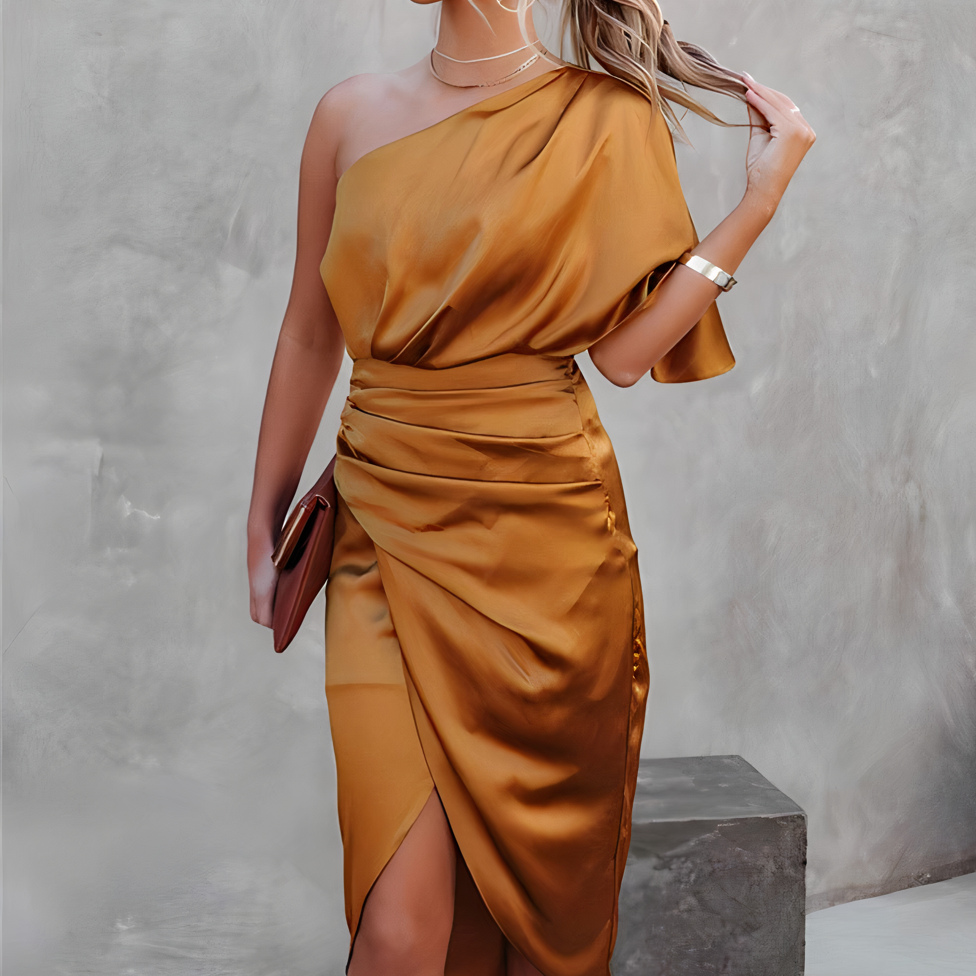 Robe asymétrique en satin doré, élégante et moderne, avec fente latérale. Accessoires minimalistes, ambiance chic et sophistiquée.