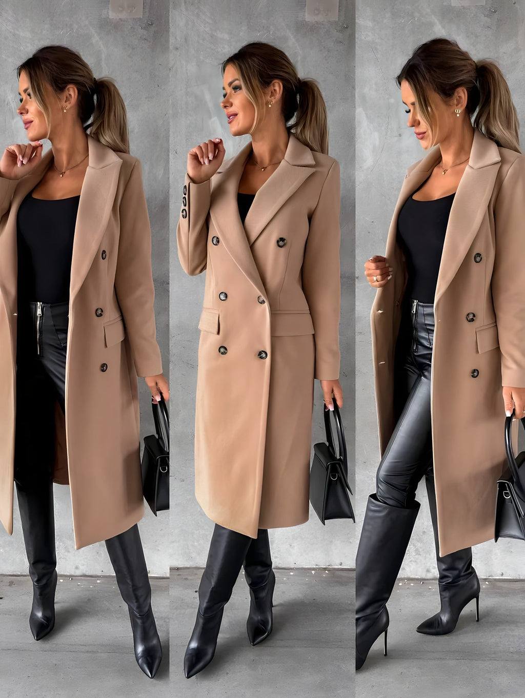 Femme en manteau beige élégant, pantalon en cuir noir, bottes à talons, tenant un sac à main noir. Mode automne chic, style urbain moderne.