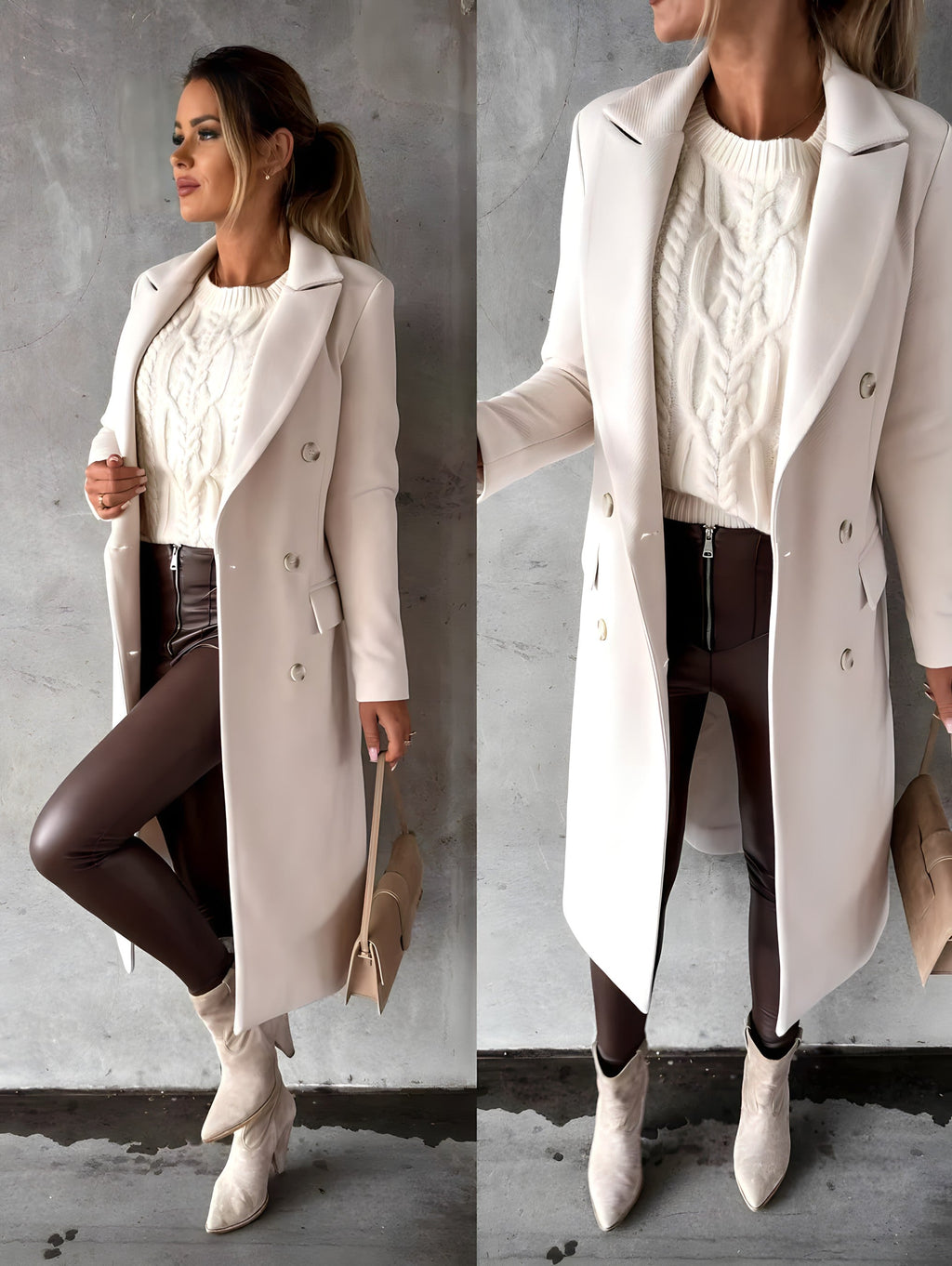 Femme élégante en manteau blanc, pull en maille crème, pantalon en cuir marron, bottes beiges, posant contre un mur gris. Mode automne chic.