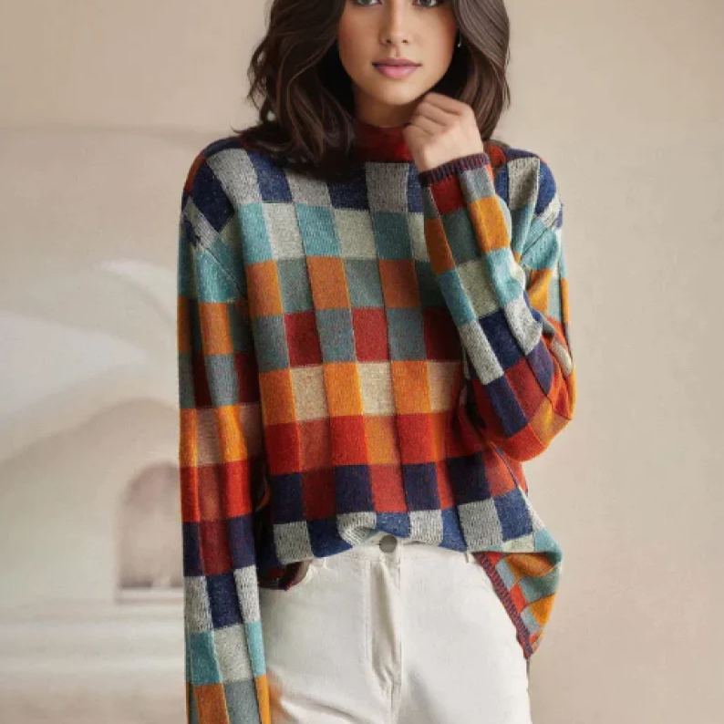 Femme portant un pull à carreaux colorés, manches longues, avec un motif géométrique, sur fond neutre. Mode automne-hiver, style décontracté.