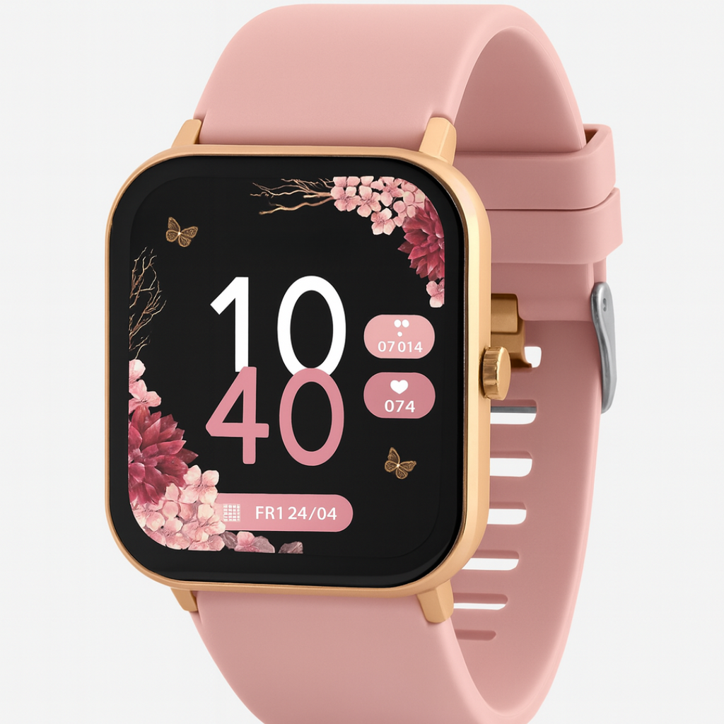 Montre connectée rose avec écran floral, affichant l'heure, la date et le suivi de santé. Design élégant, bracelet en silicone, cadran doré.