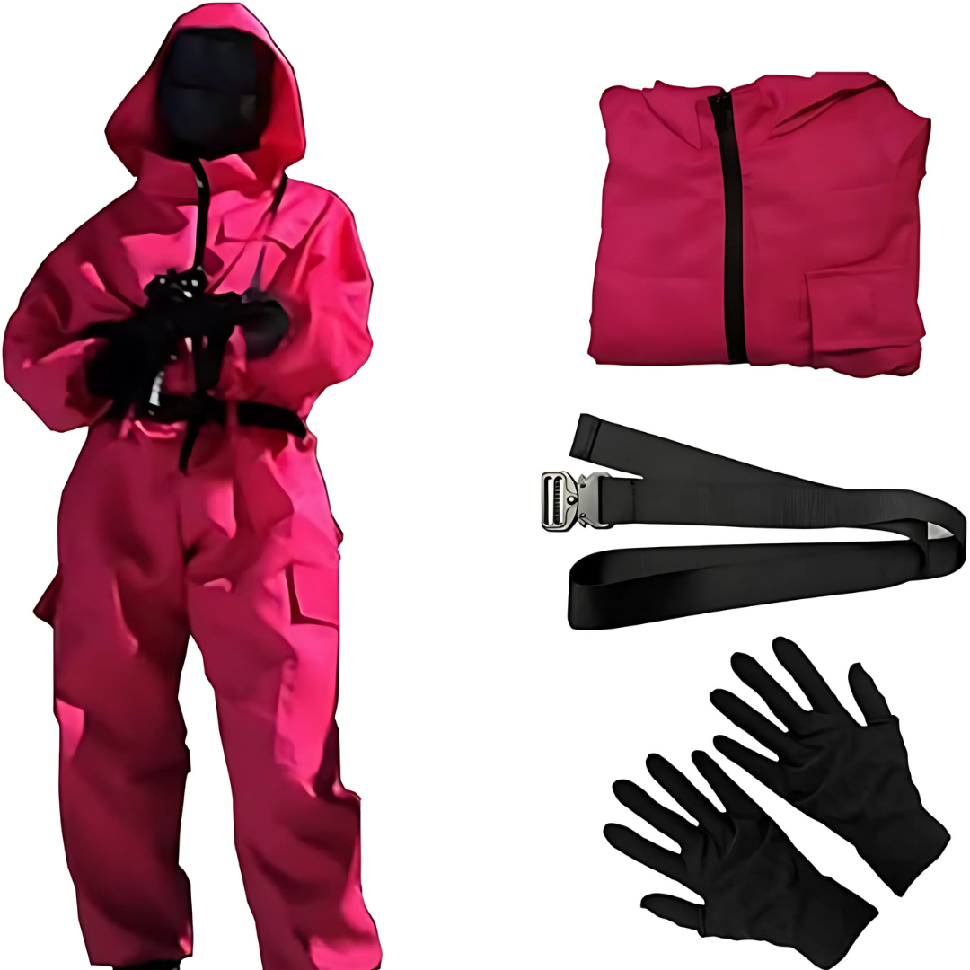 Combinaison rouge avec capuche, masque noir, gants noirs, ceinture noire et fermeture éclair, tenue inspirée de série populaire, costume cosplay.
